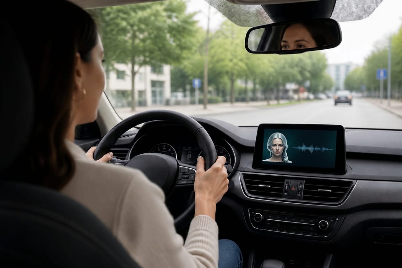 A driver with both hands on the wheel and eyes on the road, talking hands-free with Vasya.