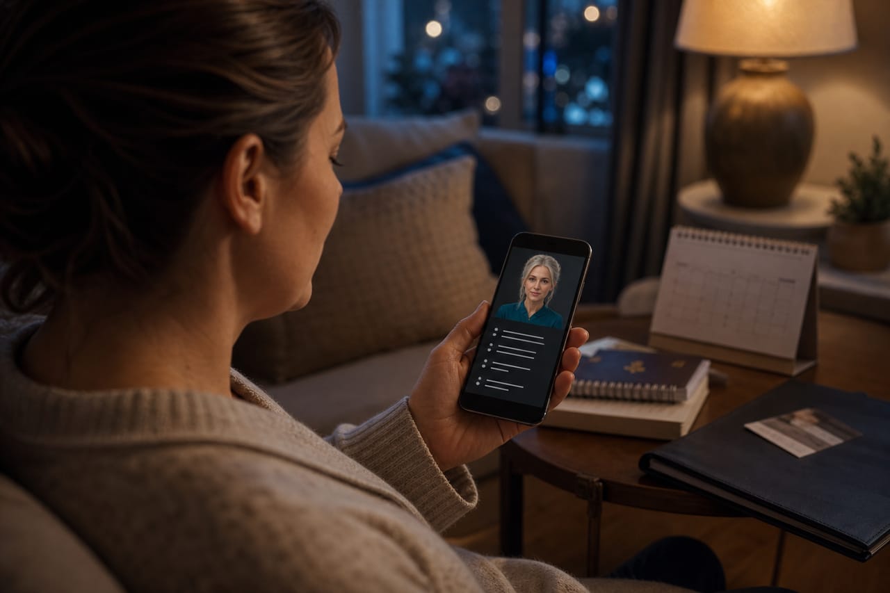 A parent reading Vasya's short evening recap on her phone in a quiet living room.