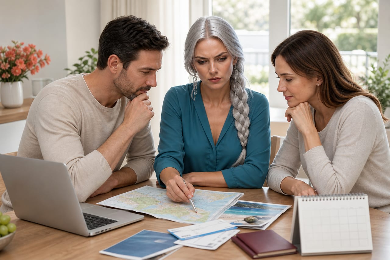 Vasya planning a trip with a family at the kitchen table, comparing a map, tickets and travel brochures.