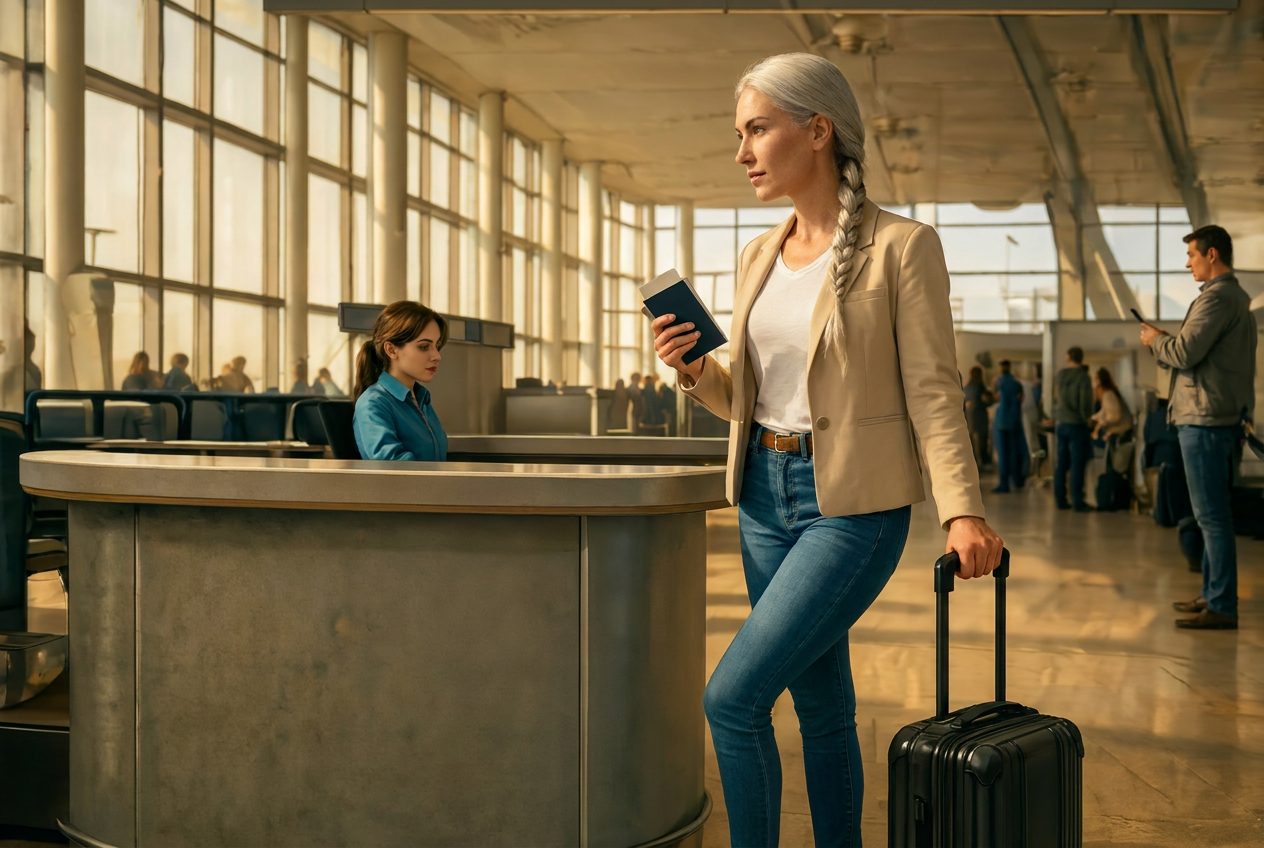 Vasya at an airport check-in desk with a passport and a carry-on suitcase, waiting for a text message code.