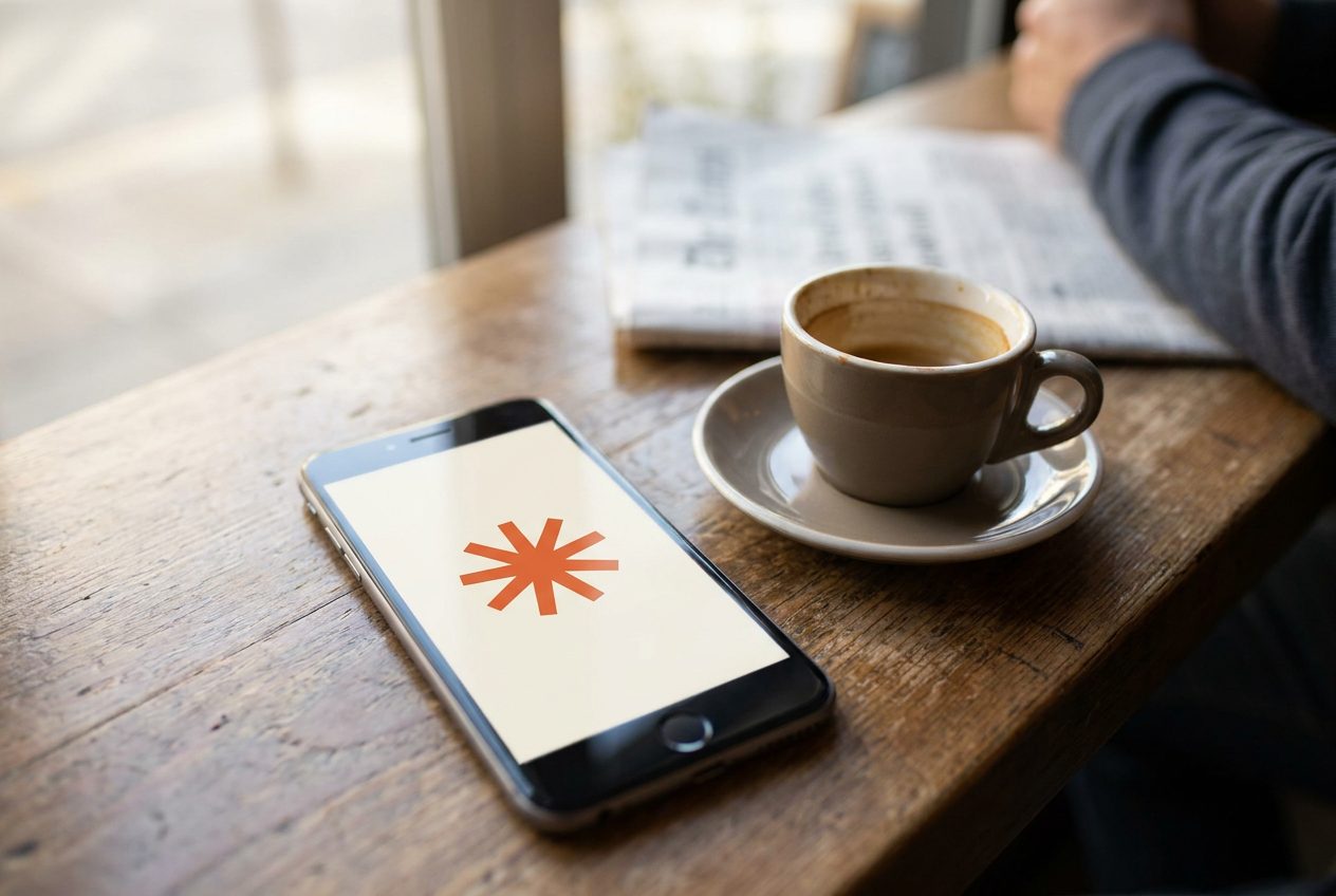 A phone on a cafe table showing the Claude logo, next to an espresso and a folded newspaper.