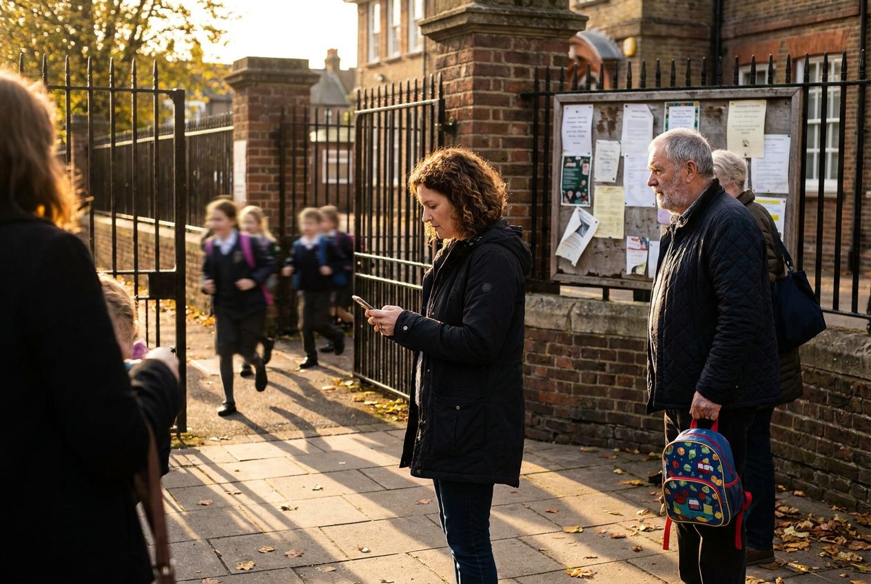 Parents waiting at a school gate at pickup time, one checking her phone, kids running out behind the fence.