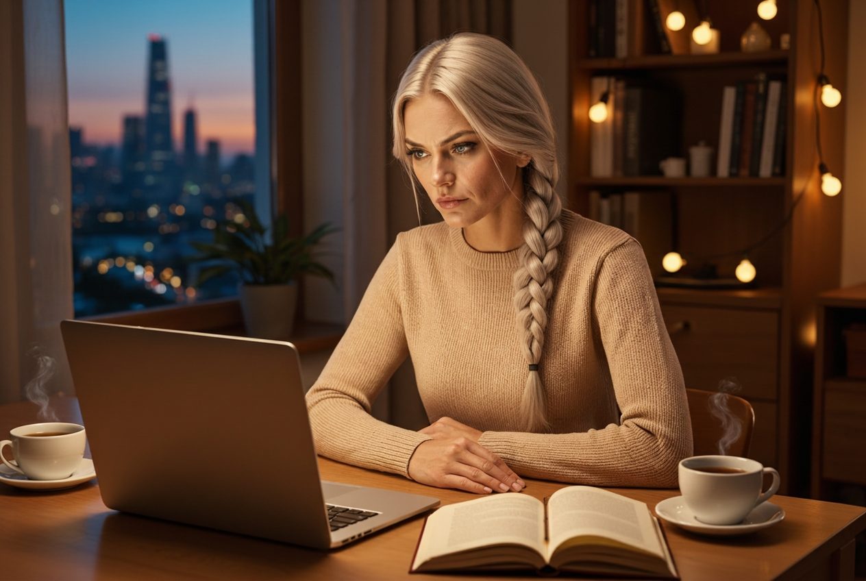 Vasya at a family kitchen table in evening light, working on a laptop wired to a home router, phone waiting beside her.