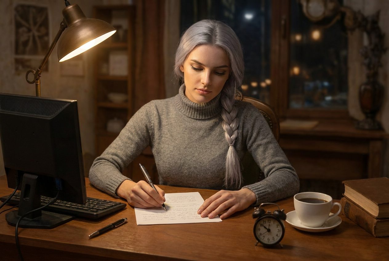 Vasya at a lamplit desk at night, handwriting a short note on one sheet of paper beside a closed laptop.