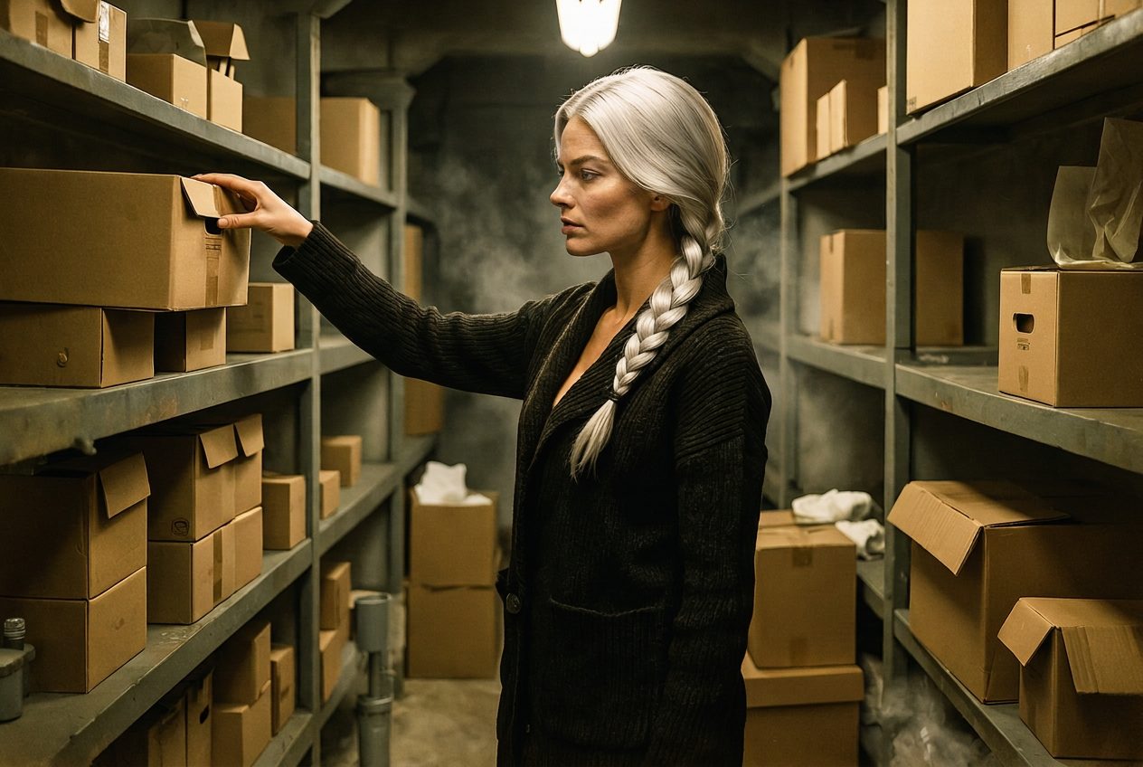 Vasya placing a single folder onto an empty shelf in a dim archive room.