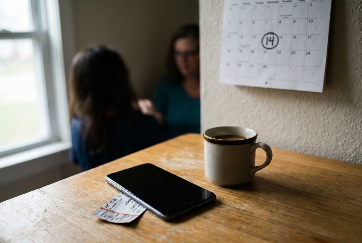 A phone and coffee cup on a kitchen table, with a wall calendar showing one circled date behind them.