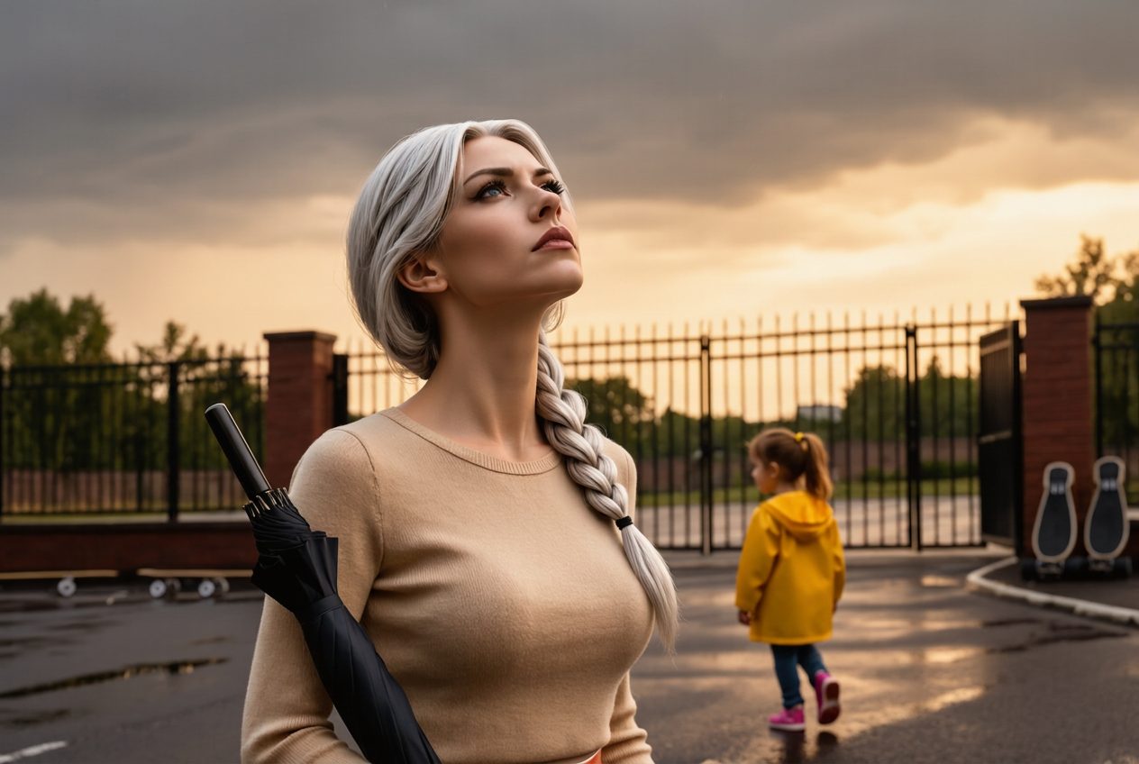 Vasya at a school gate with a folded umbrella, checking a half-cloudy sky after rain.
