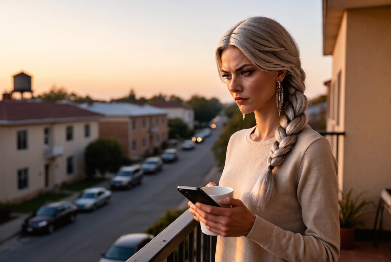 Vasya on a balcony at sunrise with a mug and a phone, checking something before the household wakes.