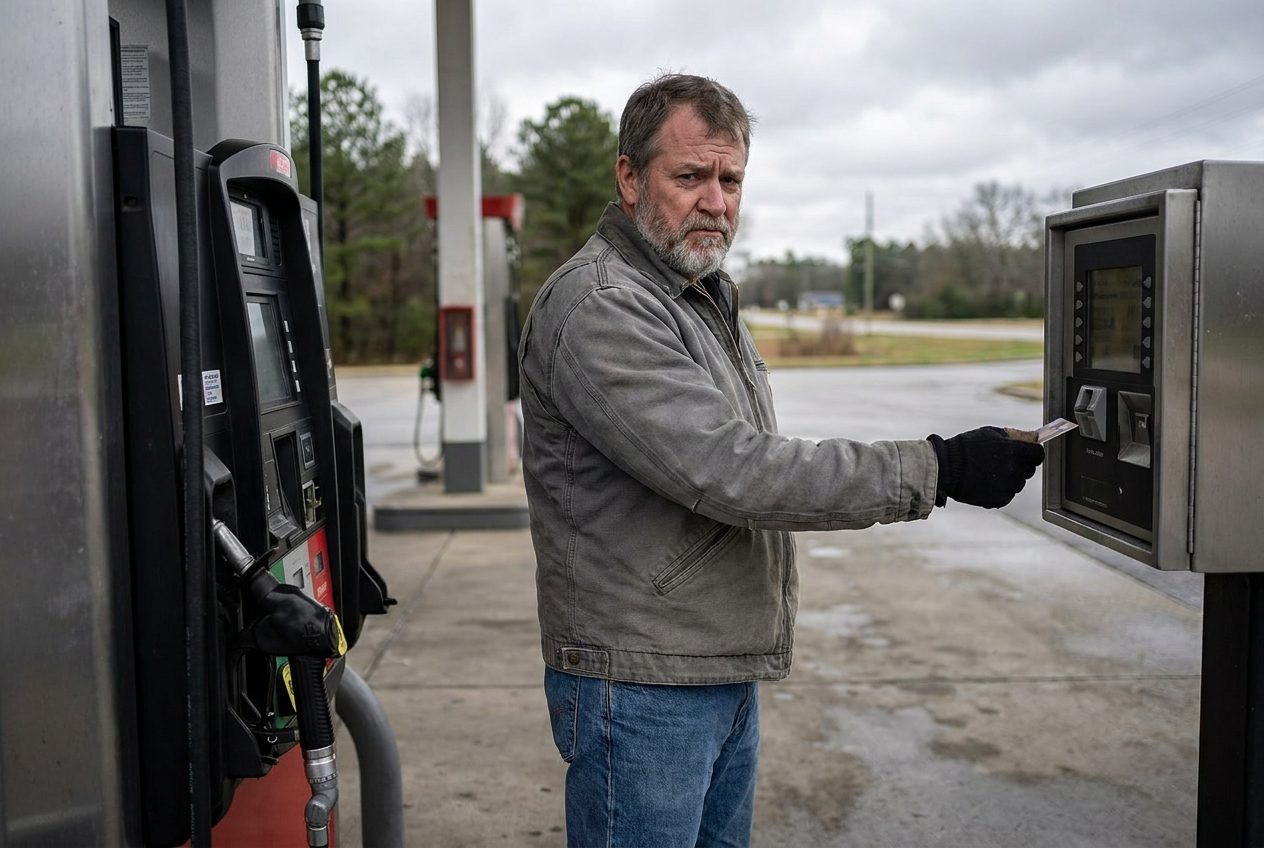 A driver at a fuel pump holding a bank card at a payment terminal that will not take it.
