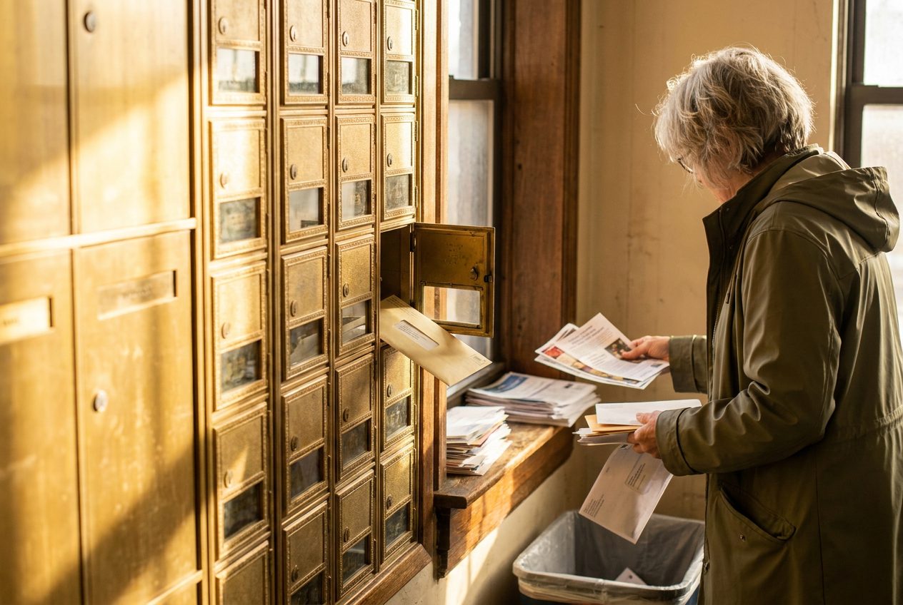 A lobby wall of brass mailboxes with one door open and an envelope half pulled out, a grey-haired woman sorting mail nearby.
