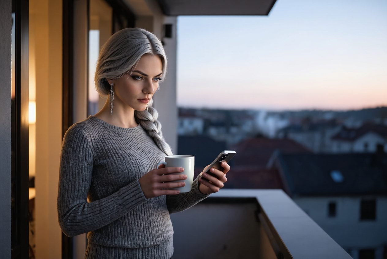 Vasya on a balcony at dawn, coffee in one hand and a phone in the other, the city still dark behind her.