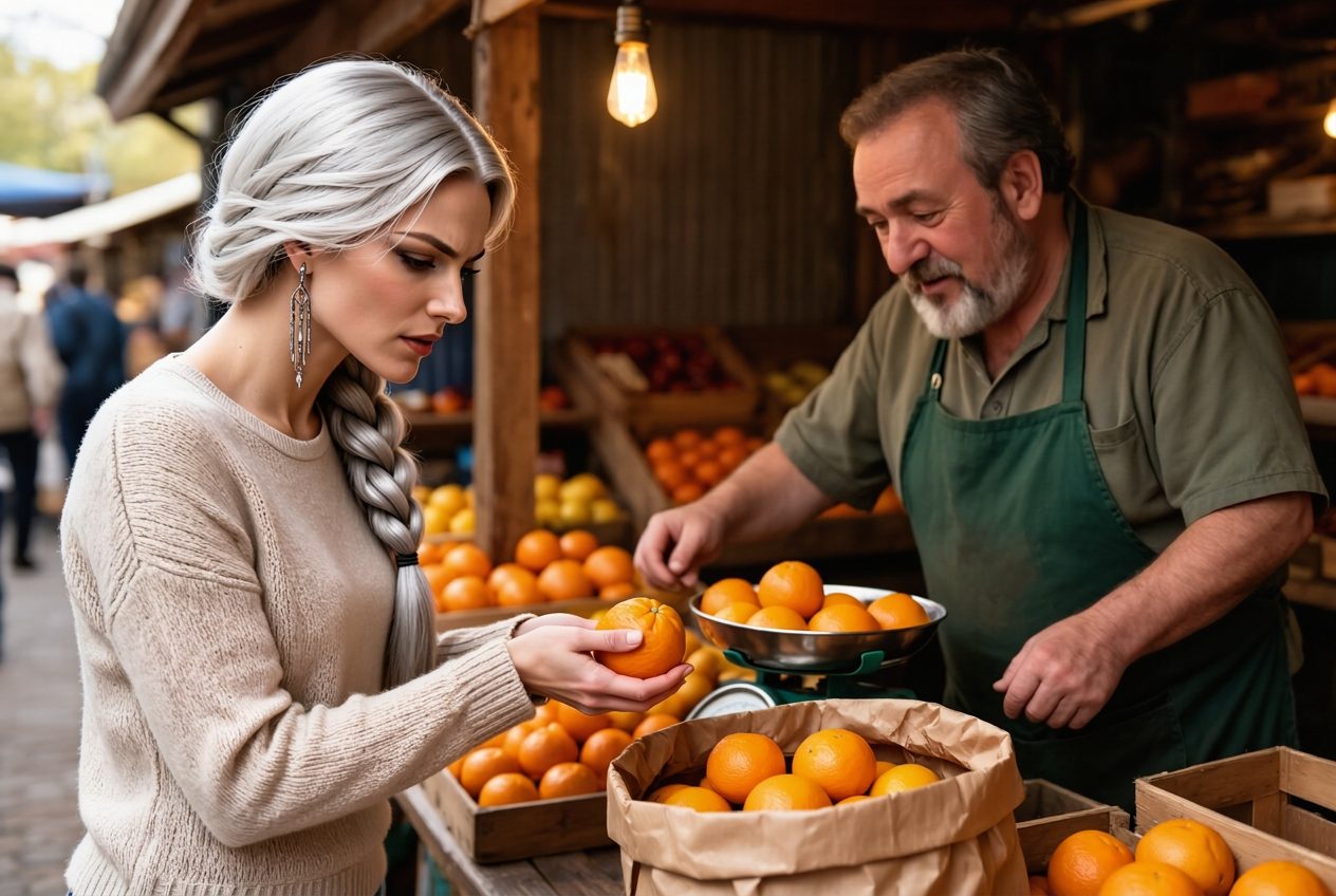 Vasya counting oranges into a paper bag at a market stall while the stall-keeper waits by the scale.