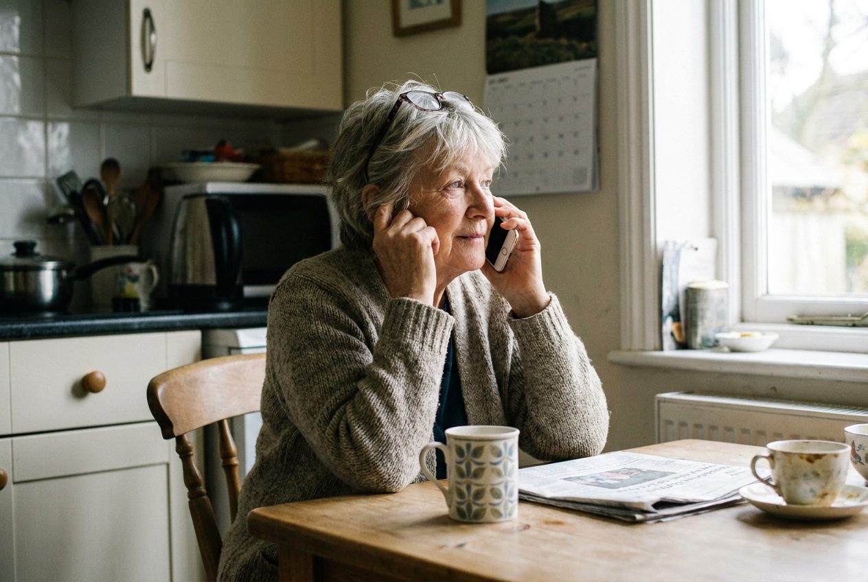 An older woman at a kitchen table talks on her phone over a cup of tea in morning light.