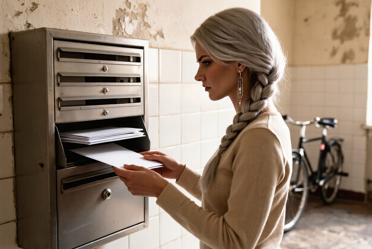 Vasya in an apartment lobby sorting a stack of identical white envelopes at a wall of mailboxes.