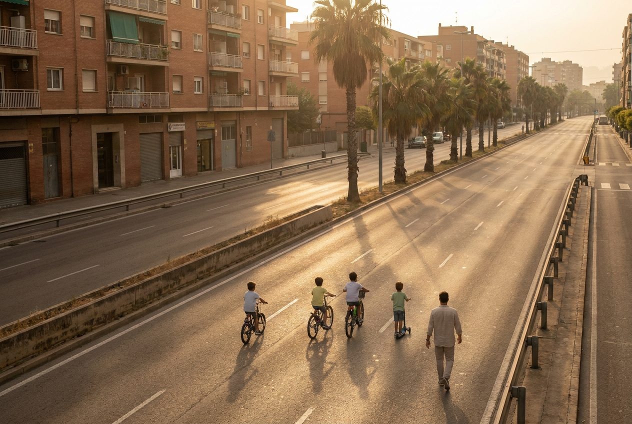 Children ride bicycles down the middle of an empty city highway at sunset, no cars anywhere.