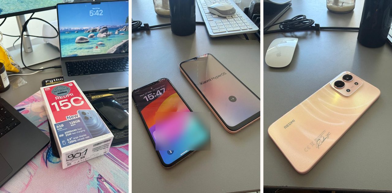 Three photos: a Redmi 15C box on a desk, an old cracked iPhone XS next to the new pink phone on its first-boot screen, and the shimmering pink back of the new phone.