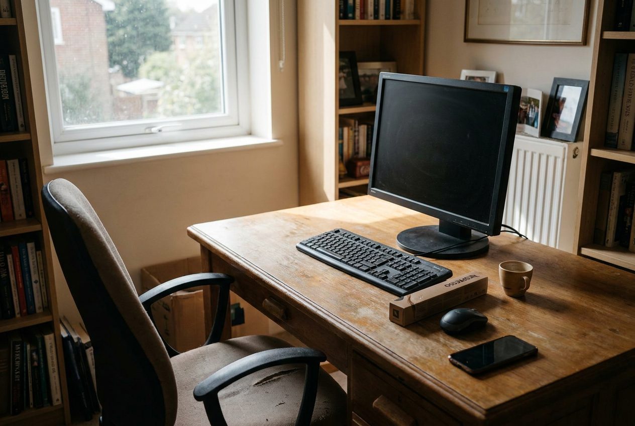 An empty home desk with a desktop computer, a Nespresso capsule box and an empty espresso cup in morning light.