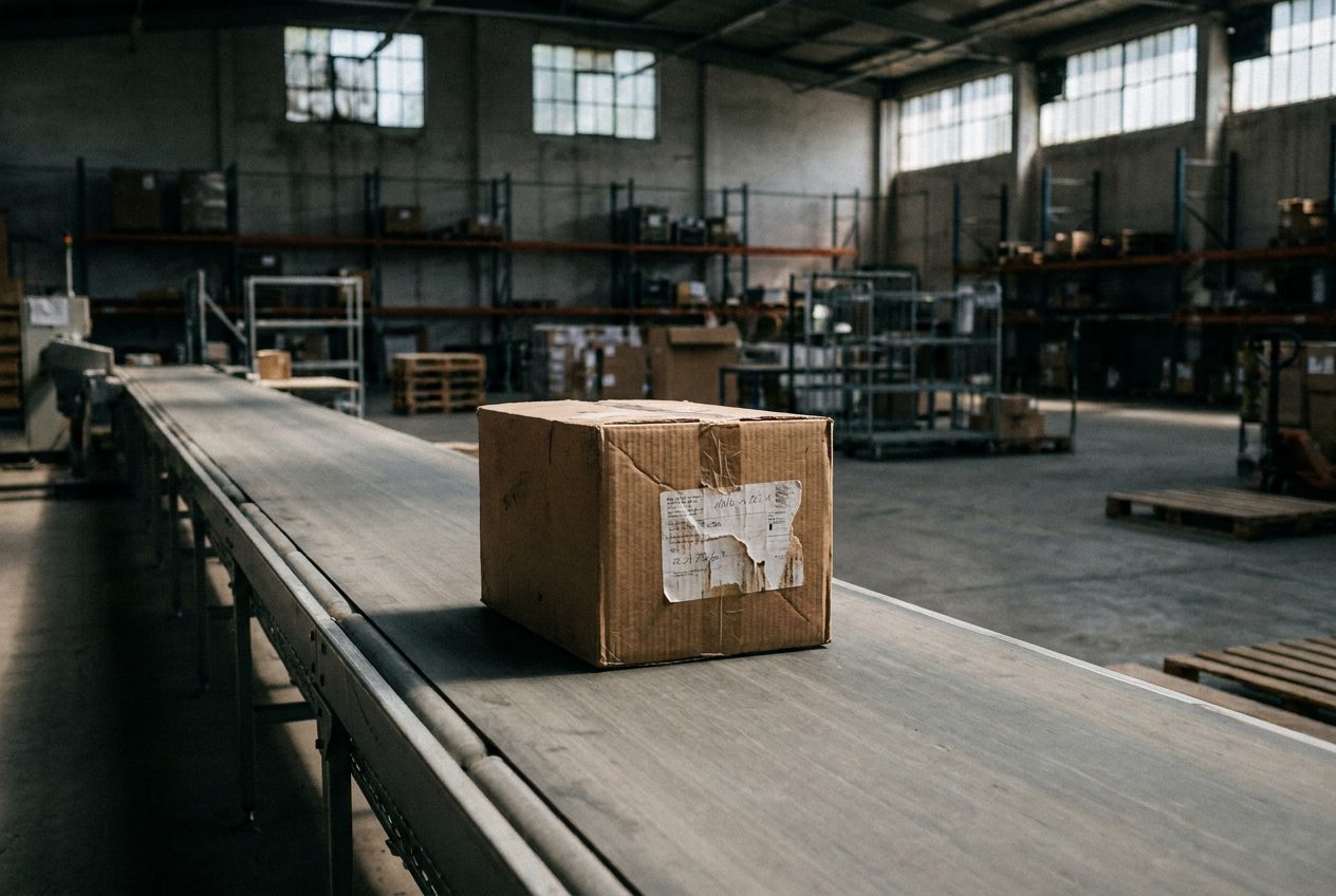 A single cardboard parcel sitting on a conveyor belt in an empty warehouse