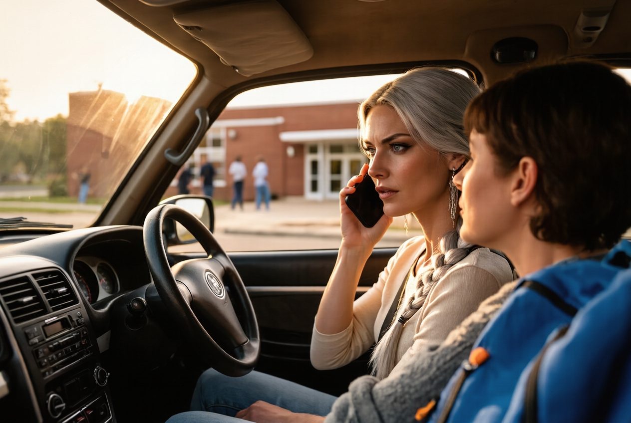 Vasya on a phone call in the passenger seat of a car in school-run traffic while a parent drives.