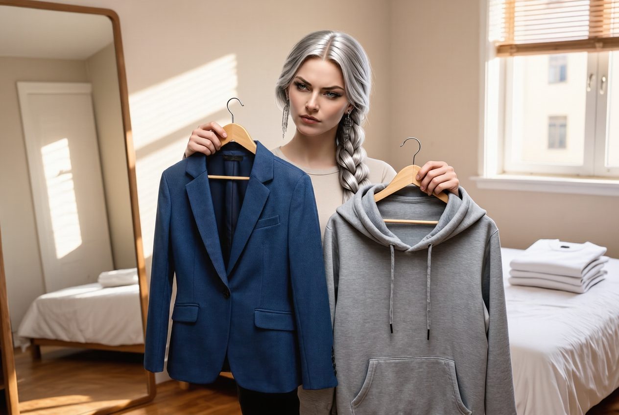 Vasya in a bedroom holding up a blazer and a hoodie in front of a mirror, choosing between them.