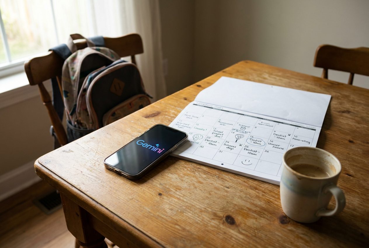 A phone showing the Gemini logo on a kitchen table beside a scribbled paper calendar and a cup of coffee.